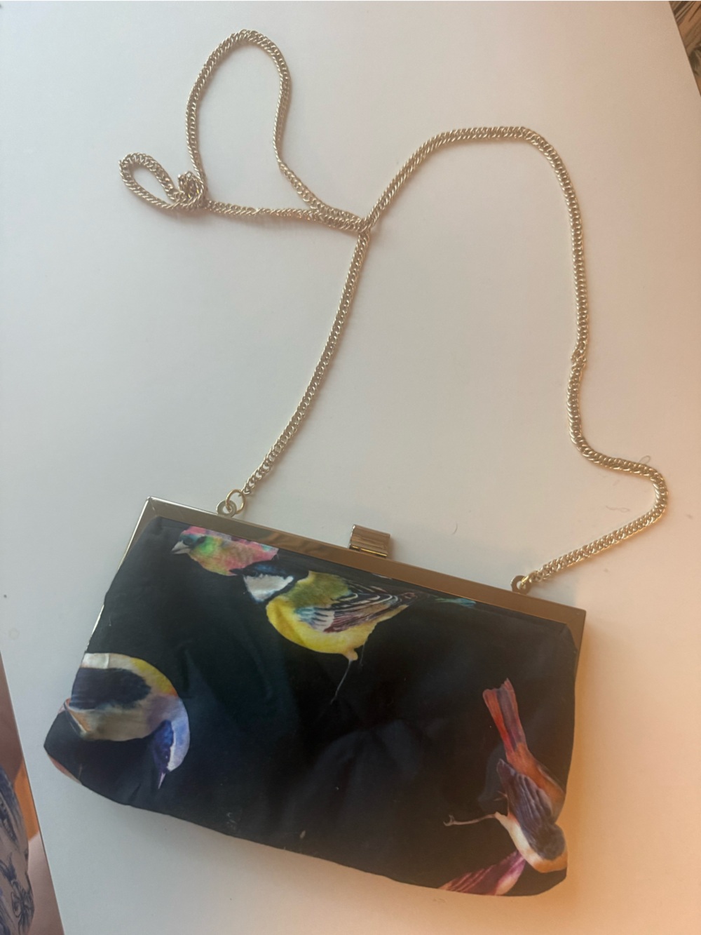 Leona Edminston Black Bird-Print Clutch with Gold Chain